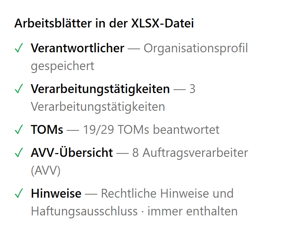 Exportseite mit den Arbeitsblättern der Excel-Datei: Verantwortlicher, Verarbeitungstätigkeiten, TOMs, AVV-Übersicht und Hinweise